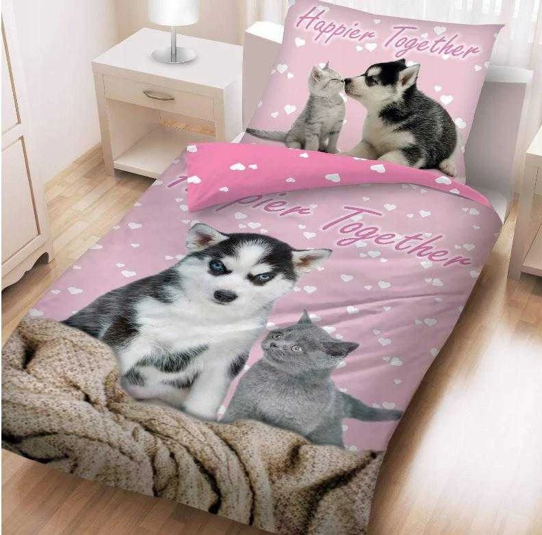 MCU Patalynė bawełniana 140x200 Pies i Kot rožinė CD-0037BL poszewka 70x90 + maišelis bawełniany Halantex
