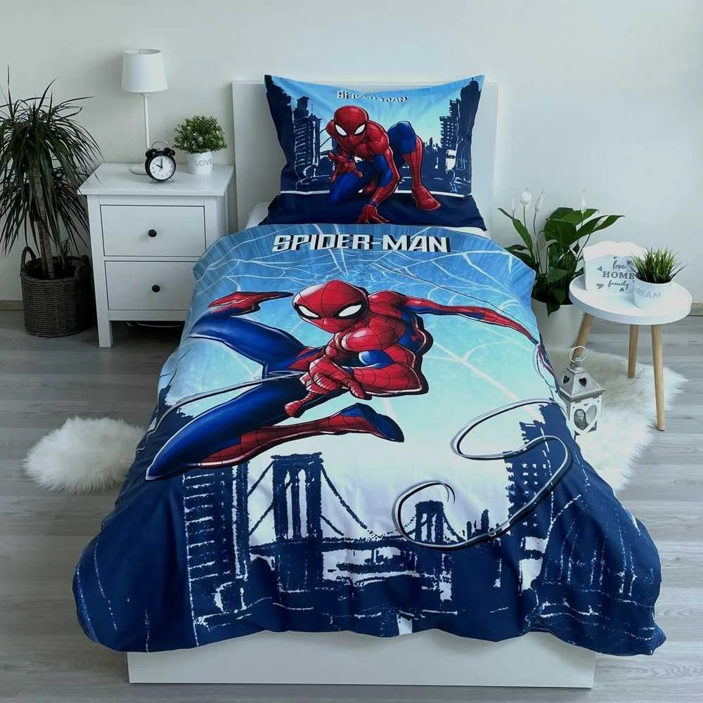 Patalynė bawełniana 140x200 Spider-man człowiek pająk mėlyna poszewka 70x90 JF 02