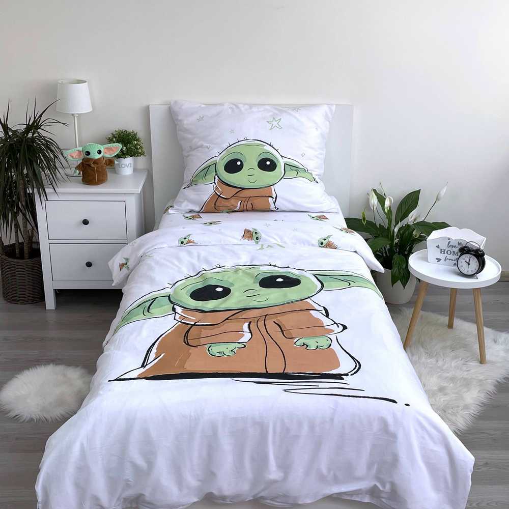 Patalynė bawełniana 140x200 Star Wars Baby Yoda balta žalia poszewka 70x90 August 23