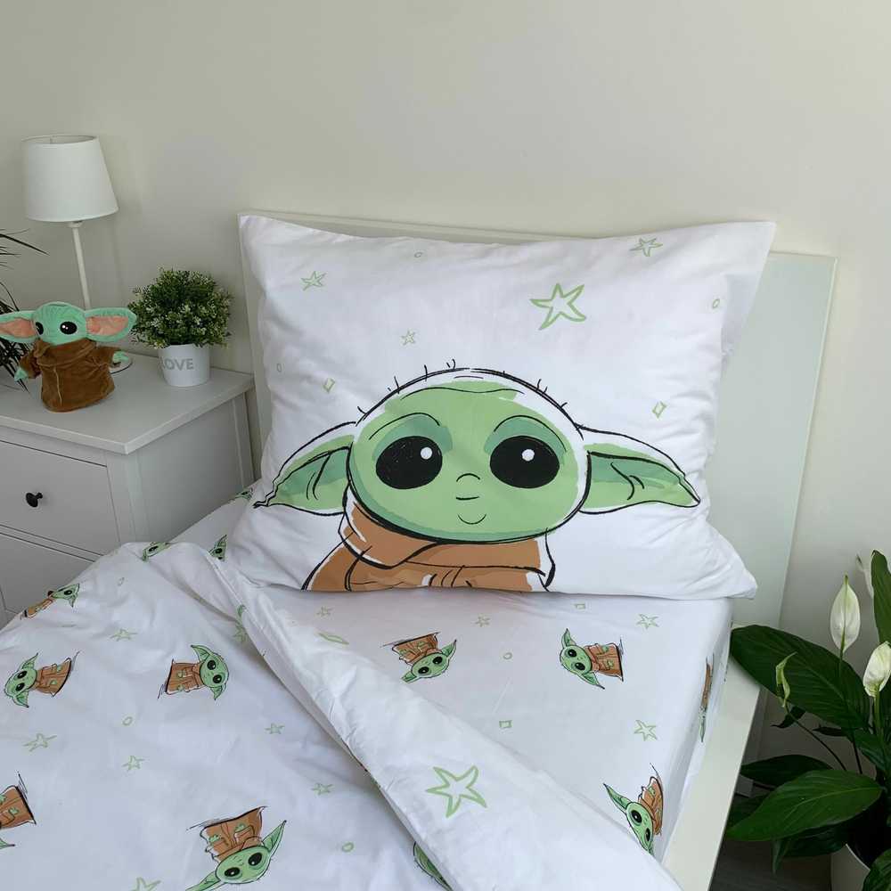 Patalynė bawełniana 140x200 Star Wars Baby Yoda balta žalia poszewka 70x90 August 23