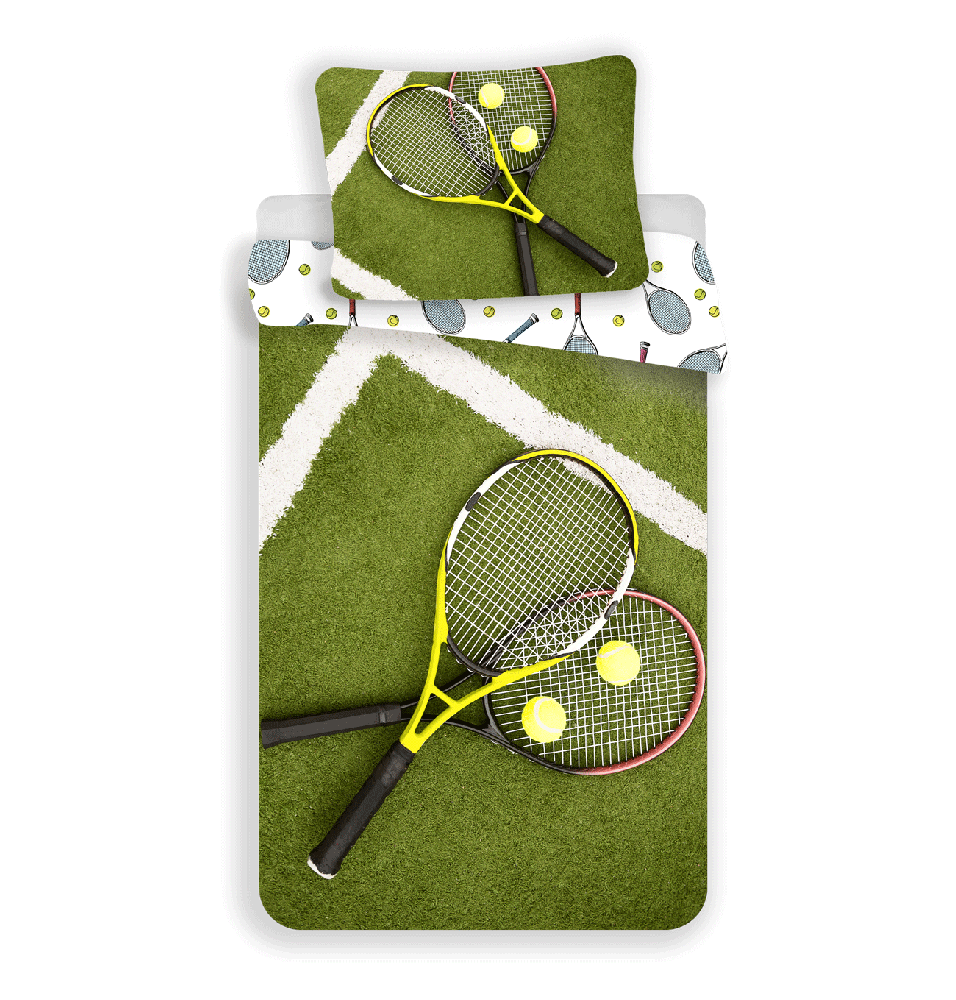 Patalynė bawełniana 140x200 Tenis rakiety rakieta do tenisa piłeczki tenisowe boisko žalia balta 5260 poszewka 70x90 sportowa dla fana tenisa
