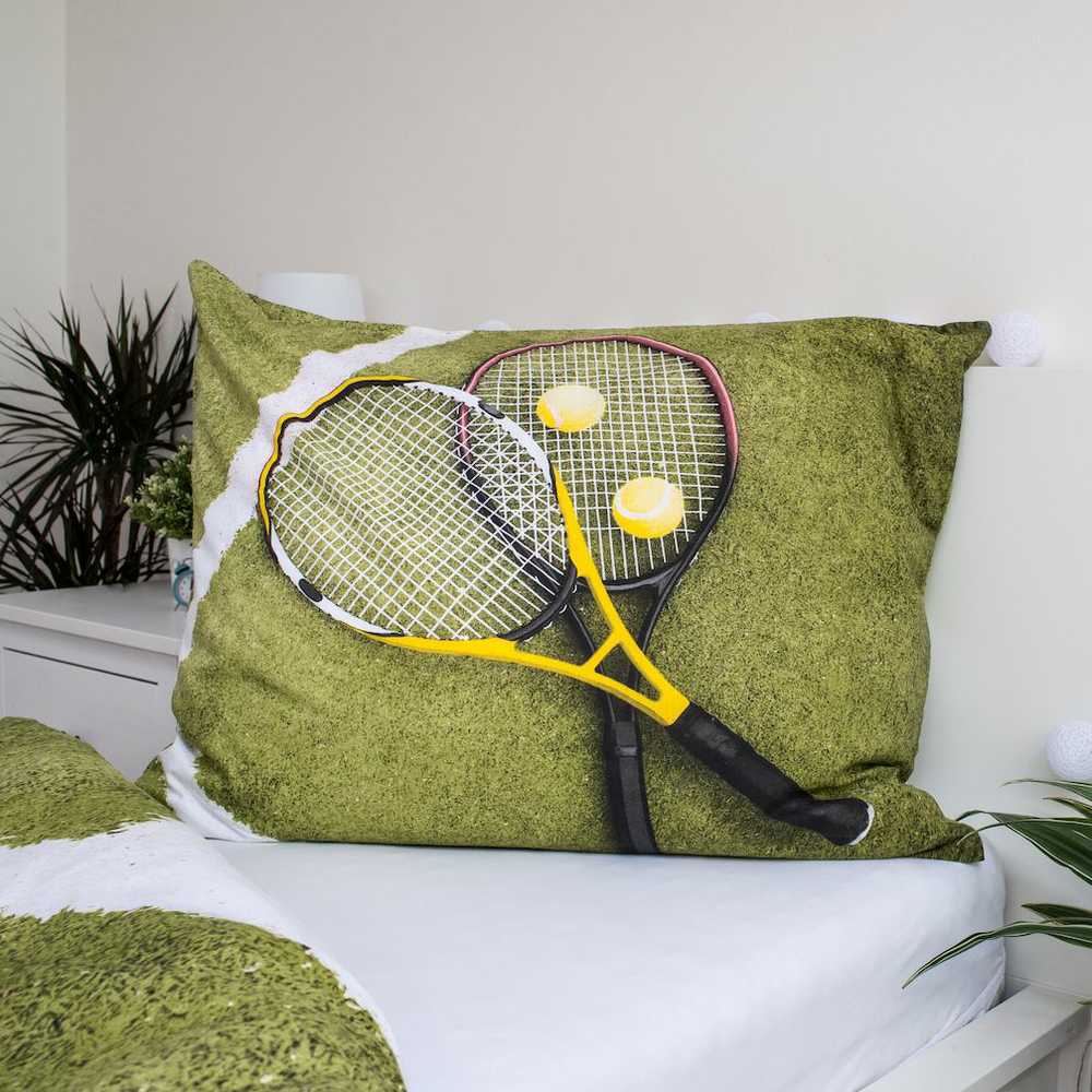 Patalynė bawełniana 140x200 Tenis rakiety rakieta do tenisa piłeczki tenisowe boisko žalia balta 5260 poszewka 70x90 sportowa dla fana tenisa