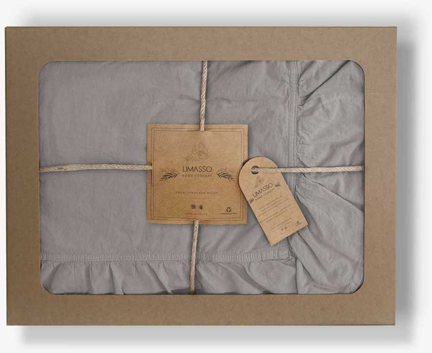 Medvilninės patalynės komplektas 200x220 cm, stonewashed pilka su raukiniais, 3 dalių rinkinis dekoratyvinėje dėžutėje, nereikia lyginti, minkšta patalynė miegui