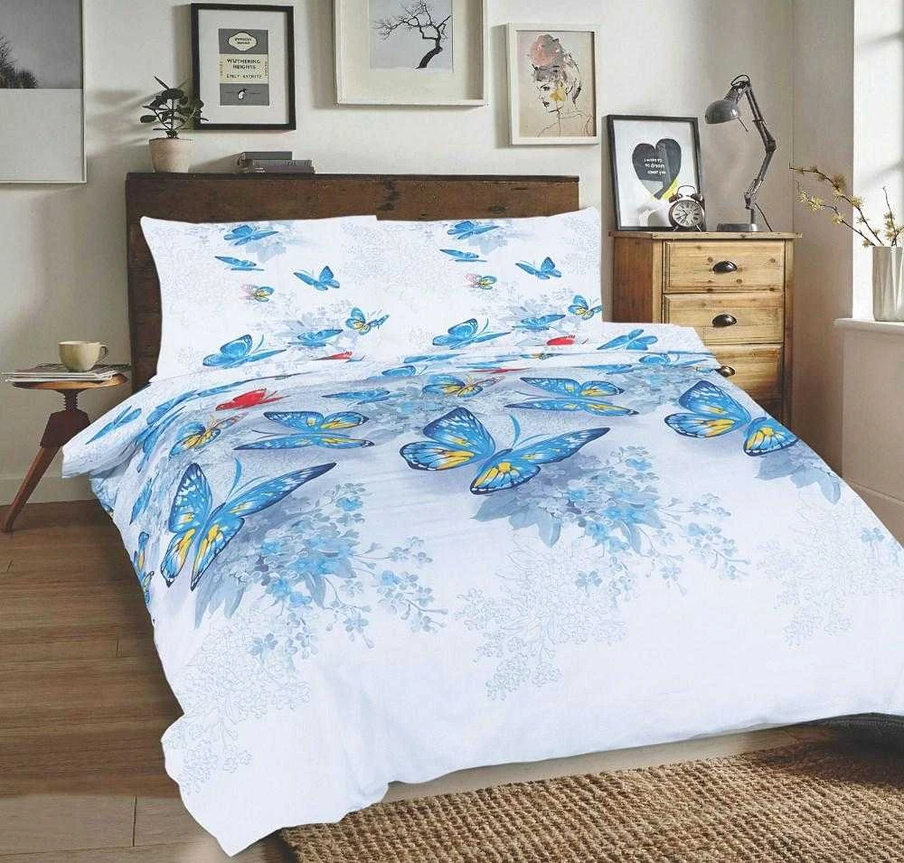 Multitex Medvilninės patalynės komplektas 220x200 cm, drugelių raštas baltos ir mėlynos spalvos, 3 dalių rinkinys su užvalkalais, OEKO-TEX sertifikatas, minkšta patalynė miegamajam