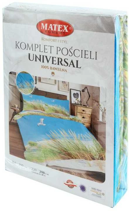 Multitex Medvilninės patalynės komplektas 220x200 cm, paplūdimio žuvėdrų ir žolės melsvai žalias raštas, 3 dalių rinkinys su antklodės ir pagalvių užvalkalais, OEKO-TEX sertifikatas, miegamojo tekstilė