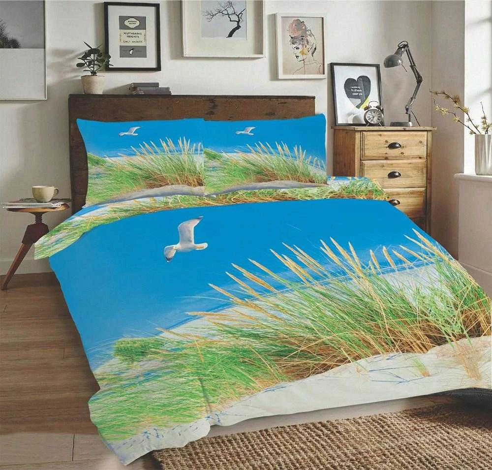 Multitex Medvilninės patalynės komplektas 220x200 cm, paplūdimio žuvėdrų ir žolės melsvai žalias raštas, 3 dalių rinkinys su antklodės ir pagalvių užvalkalais, OEKO-TEX sertifikatas, miegamojo tekstilė