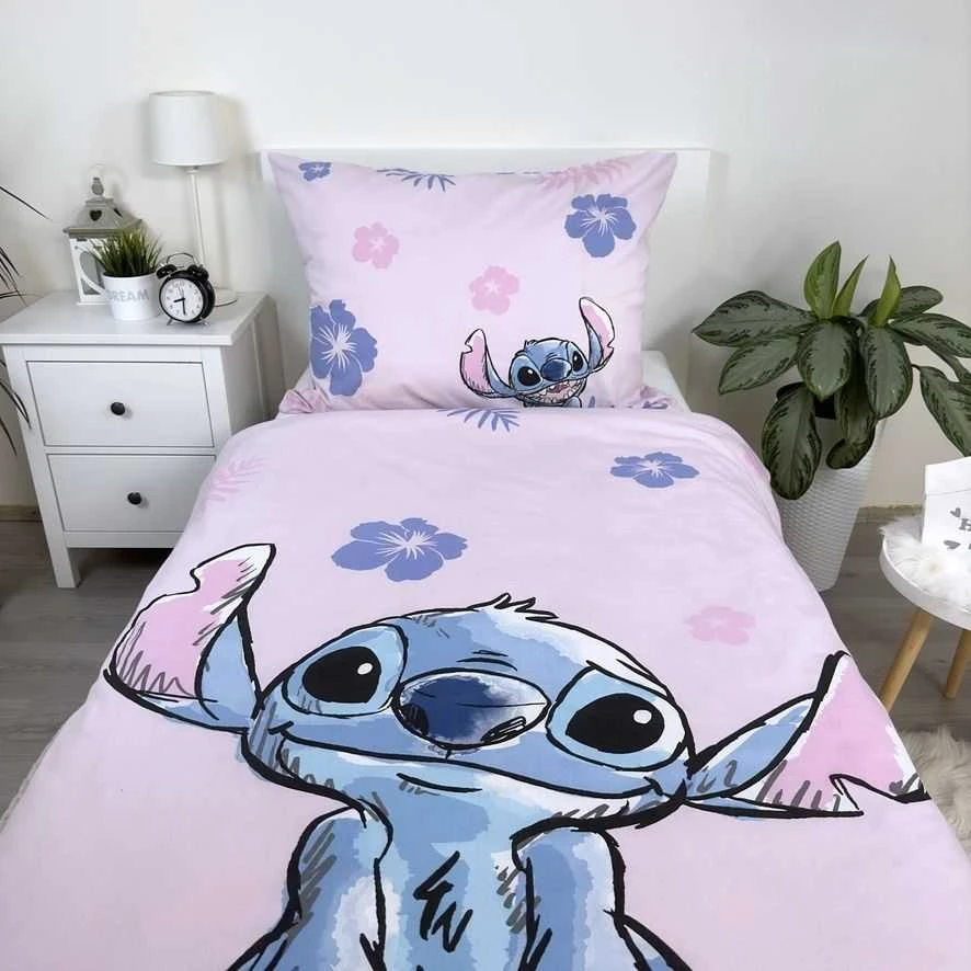Patalynė bawełniana 140x200 Lilo i Stitch rožinė balta poszewka 70x90 JF 24