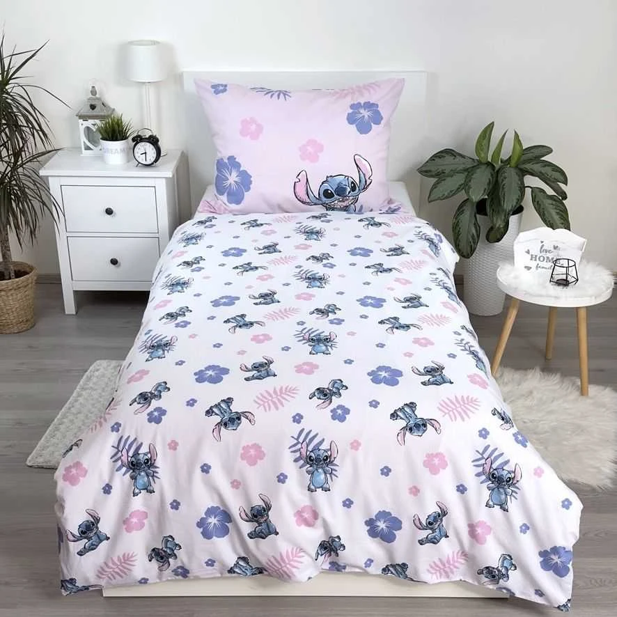 Patalynė bawełniana 140x200 Lilo i Stitch rožinė balta poszewka 70x90 JF 24
