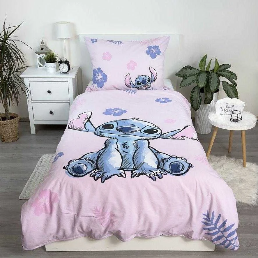 Patalynė bawełniana 140x200 Lilo i Stitch rožinė balta poszewka 70x90 JF 24