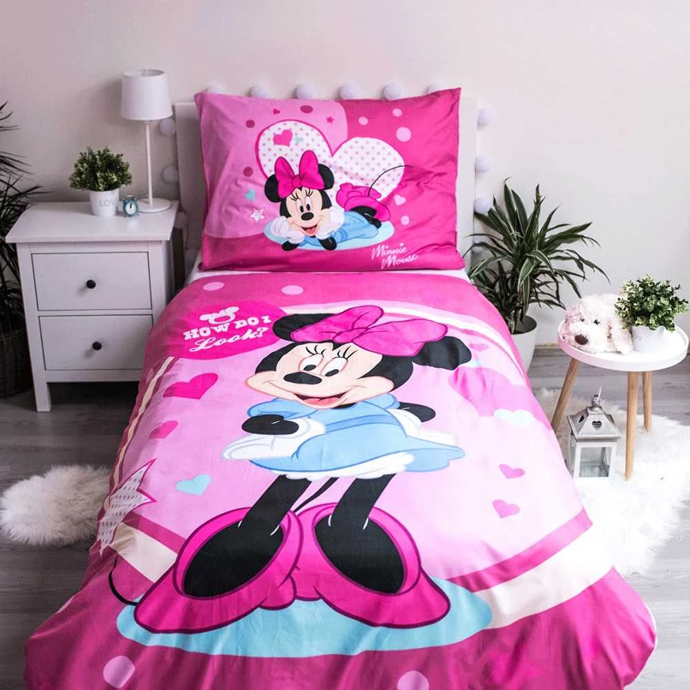 Patalynė dziecięca 140x200 Myszka Mini Minnie Mouse 9503 rožinė amarantowa w groszki poszewka 70x90