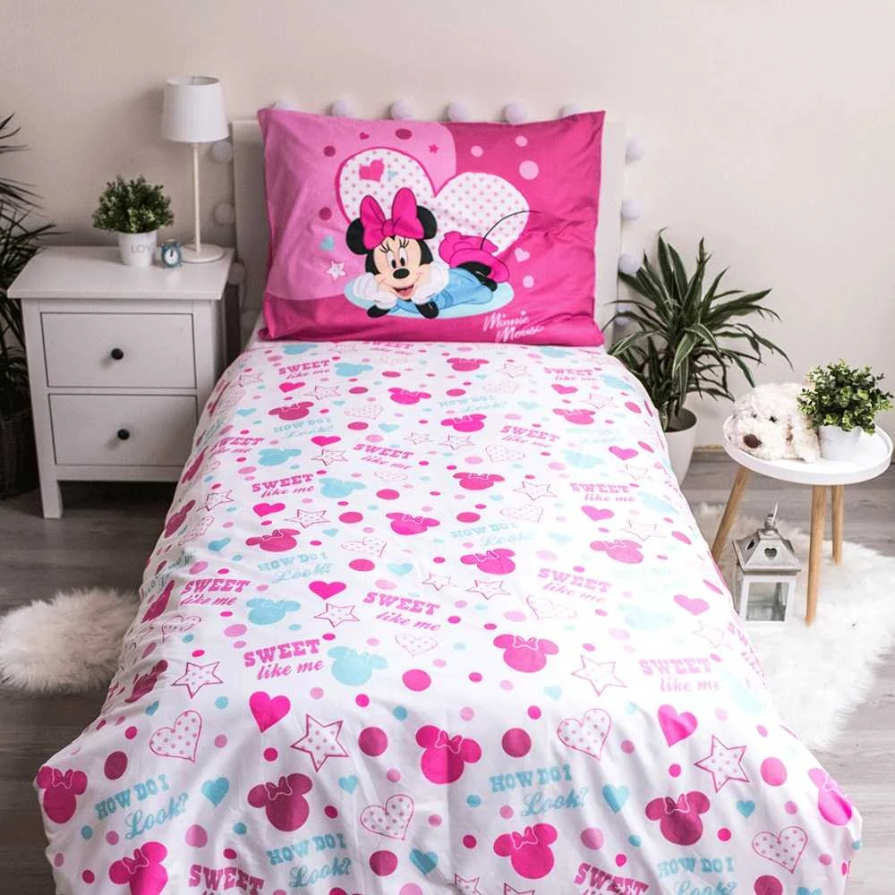 Patalynė dziecięca 140x200 Myszka Mini Minnie Mouse 9503 rožinė amarantowa w groszki poszewka 70x90