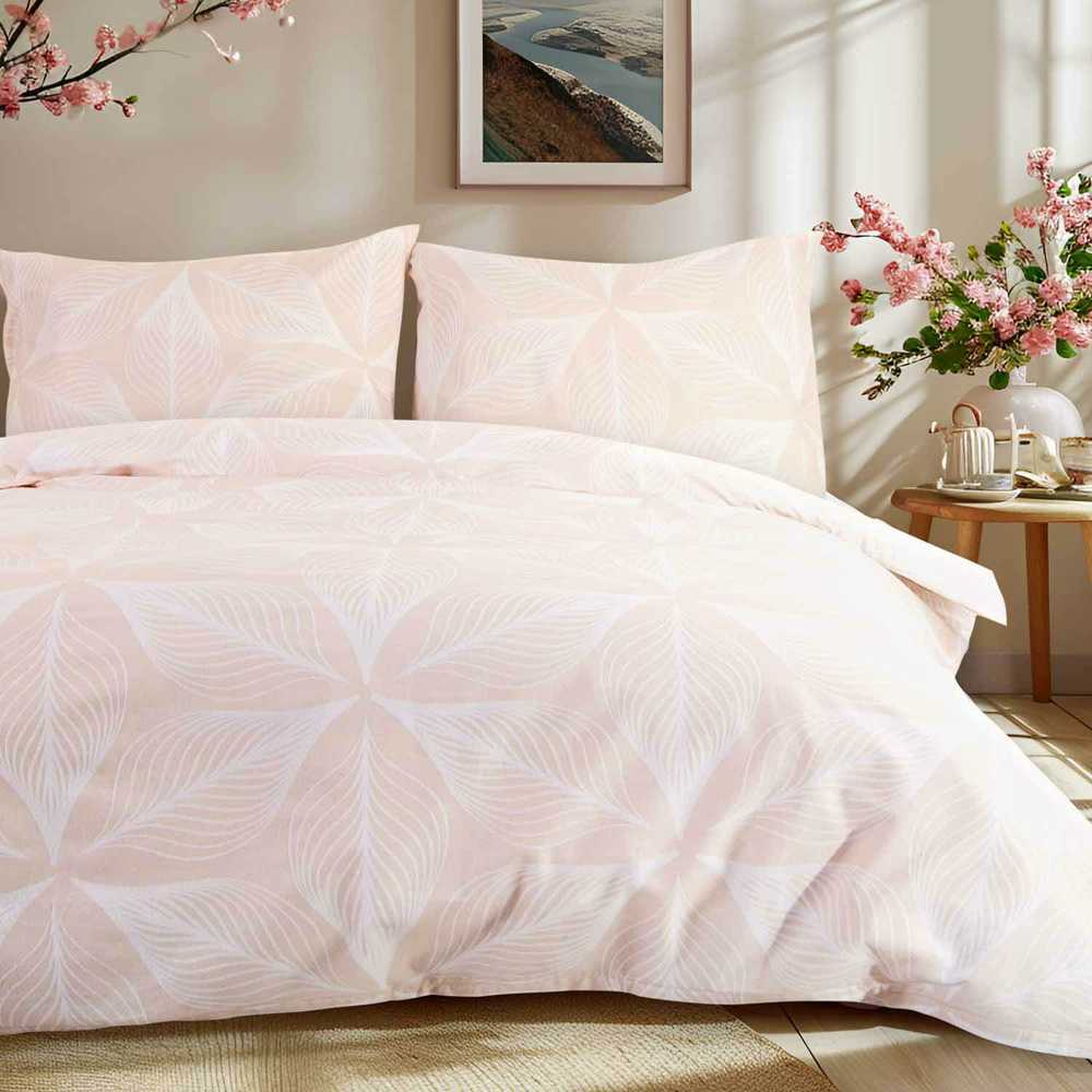 Flanelės patalynės komplektas 160x200 cm, minkšta medvilninė flanelė, gėlių geometrinis raštas, šilta žieminė patalynė, rožinis ir baltas patalynės komplektas, patalynė su užtrauktuku