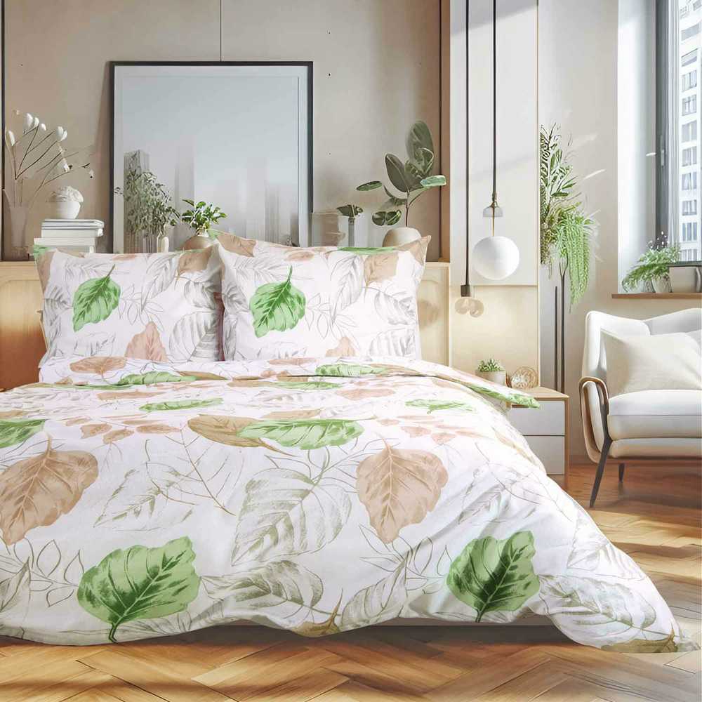 Medvilnės flanelės patalynės komplektas 220x200 cm, šiltas ir minkštas, su lapų raštu, balta smėlio žalia, 2 pagalvių užvalkalai, flanelinė patalynė miegamajam