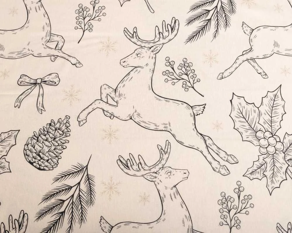 Multitex Kalėdinis flanelinės patalynės komplektas 220x200 cm, kreminės ir juodos spalvos elnių raštas, 3 dalių medvilninis antklodės užvalkalas su pagalvėmis, jaukūs žieminiai patalai