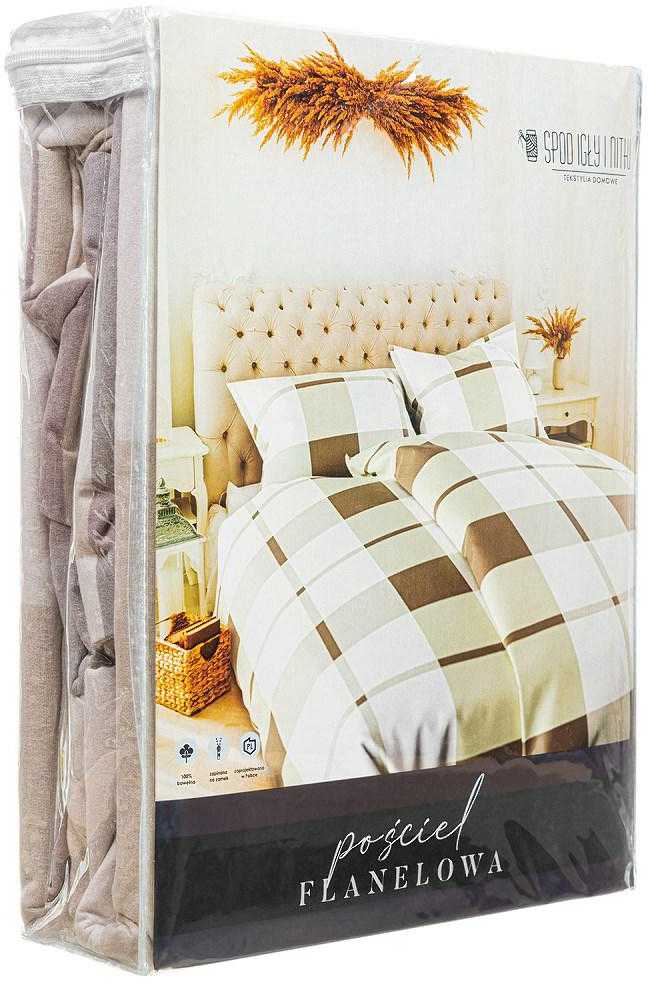 Medvilnės flanelės patalynės komplektas, 220x200 cm antklodės užvalkalas su dviem pagalvių užvalkalais, bėžinis languotas raštas, šilta ir minkšta patalynė, OEKO-TEX sertifikatas, flanelinė patalynė