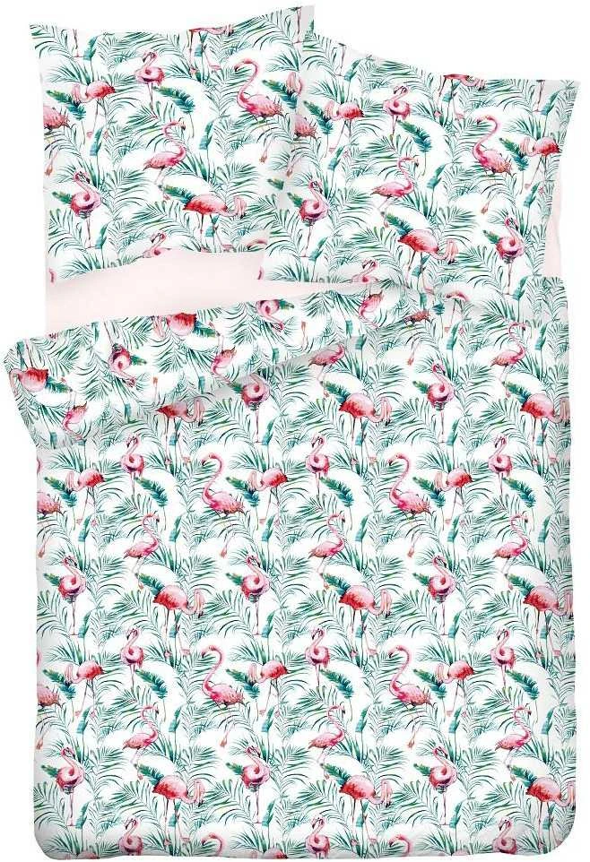 Matex Medvilninio satino patalynės komplektas 220x200, baltas ir žalias su flamingais ir palmių lapais, 3 dalių, užsegamas užtrauktuku, OEKO-TEX sertifikatas, miegamojo tekstilė