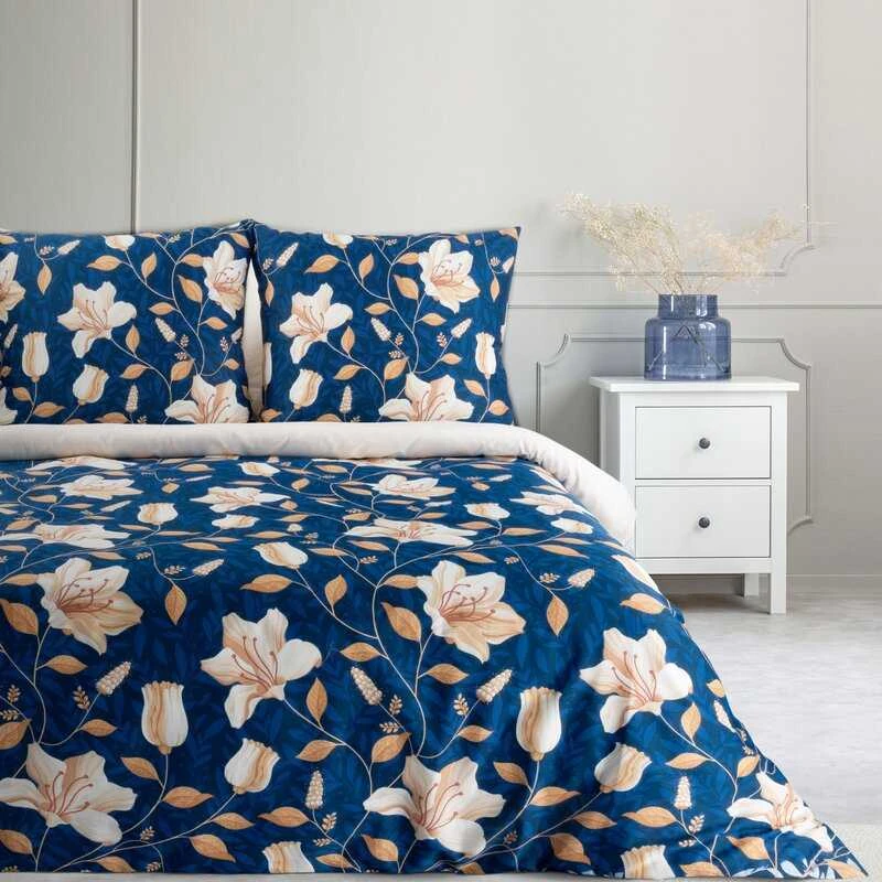 Eurofirany Tamsiai mėlynas satino patalynės komplektas, 140x200 cm, medvilnės satino paklodės, gėlių rašto patalynė, minkštas patalynės komplektas Patalynė