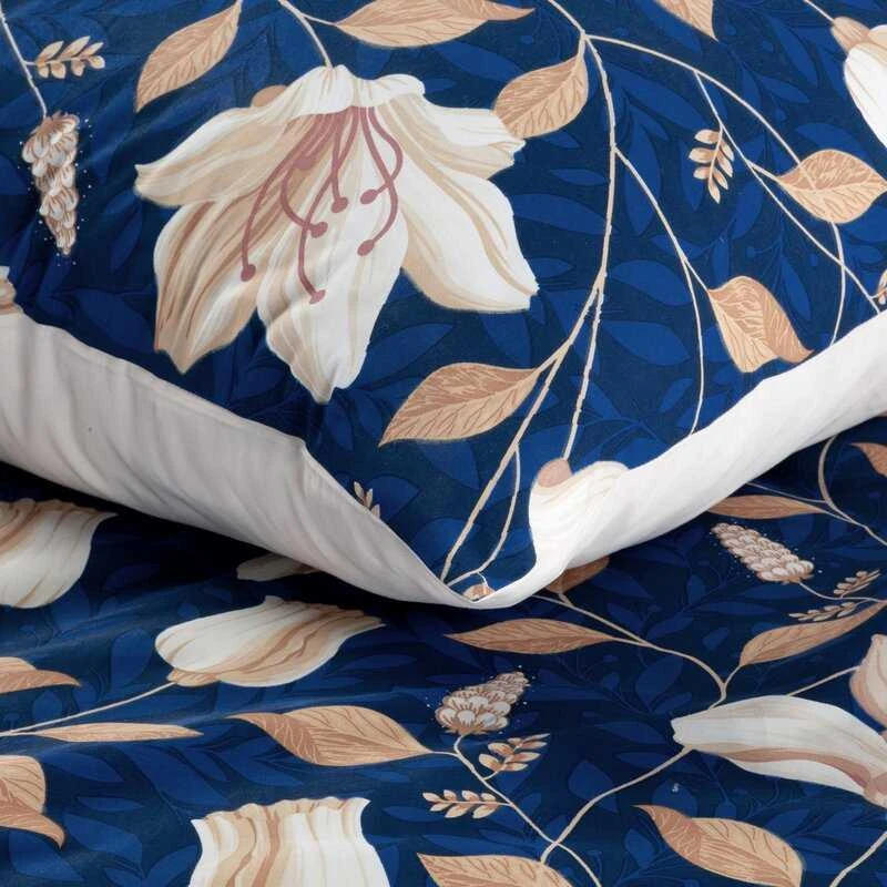 Eurofirany Tamsiai mėlynas satino patalynės komplektas, 140x200 cm, medvilnės satino paklodės, gėlių rašto patalynė, minkštas patalynės komplektas Patalynė