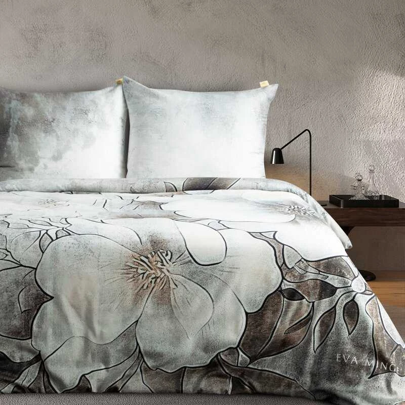 Eurofirany Medvilninio satino patalynės komplektas, 160x200 cm, plieno pilka spalva su baltais gėlių raštais, komplekte 2 pagalvių užvalkalai, miegamojo tekstilė