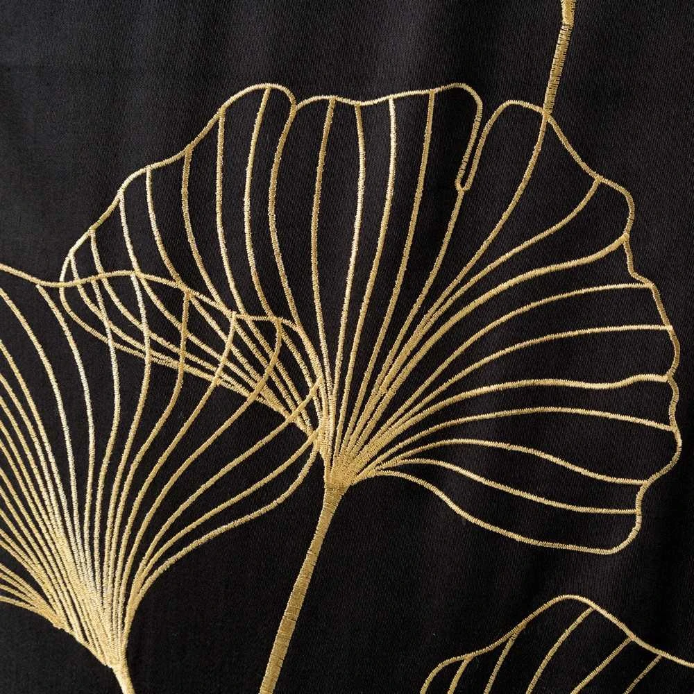 Eurofirany Medvilnės satino patalynės komplektas su siuvinėtais ginkmedžio lapais, 160x200 cm, juodos ir aukso spalvos dizainas, lengvai prižiūrima patalynė su užtrauktuku, miegamojo tekstilė Patalynė