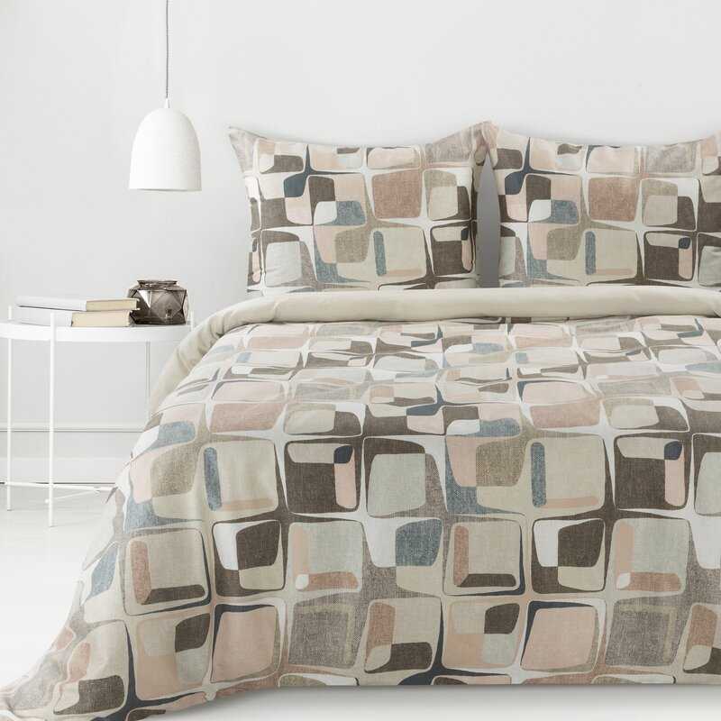 Eurofirany Satino patalynės komplektas, 160x200 cm, smėlio spalvos geometrinis raštas, medvilninis antklodės užvalkalas, 2 pagalvių užvalkalai, miegamojo
