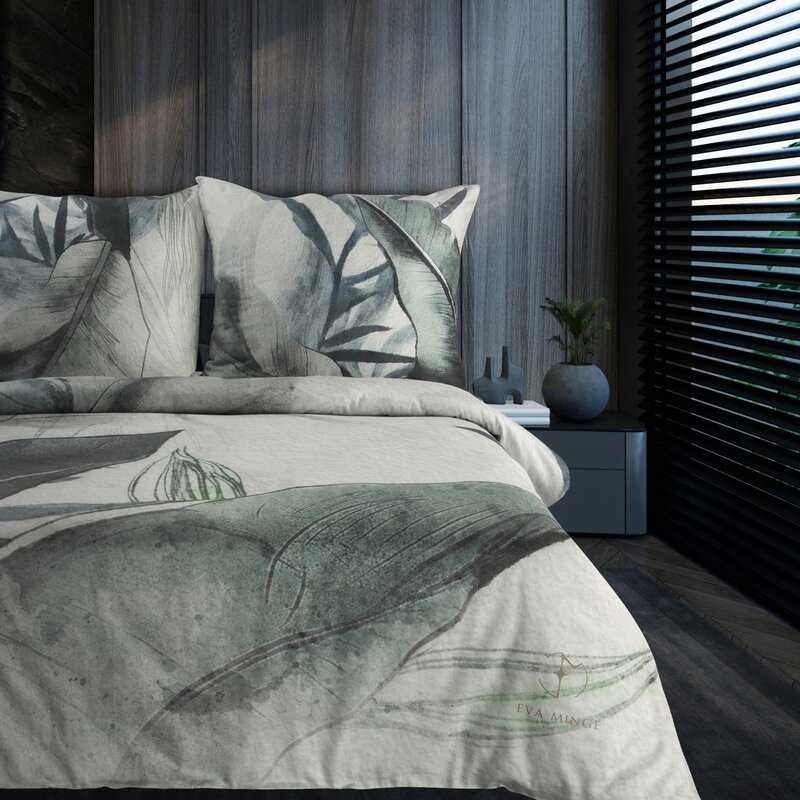 Eurofirany Medvilninio satino patalynės komplektas, 220x200 cm antklodės užvalkalas su lapų raštu, šviesiai pilka ir mėtų žalia, 3 dalių rinkinys, miegamojo tekstilė