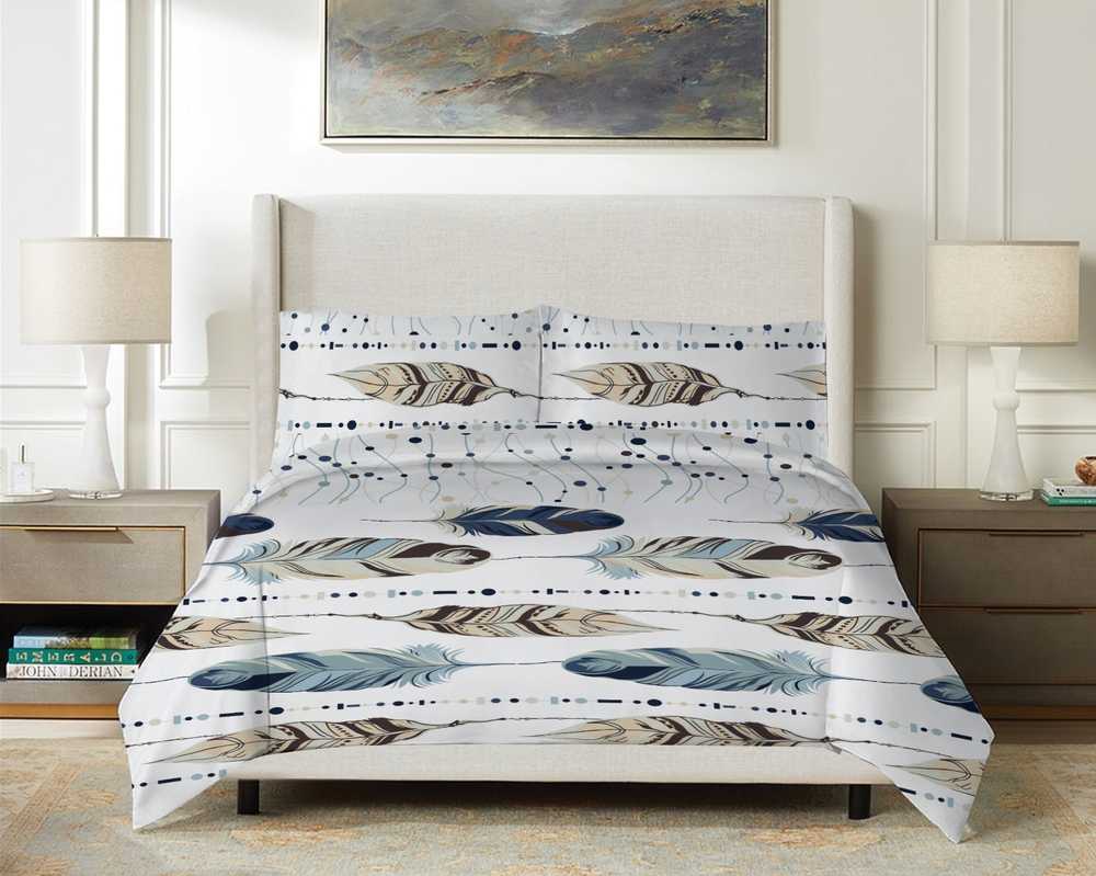 Medvilninio satino patalynės komplektas 220x200 cm, balta smėlio mėlyna spalvos, plunksnų raštas, 3 dalių rinkinys su užtrauktuku, OEKO-TEX miegamojo tekstilė
