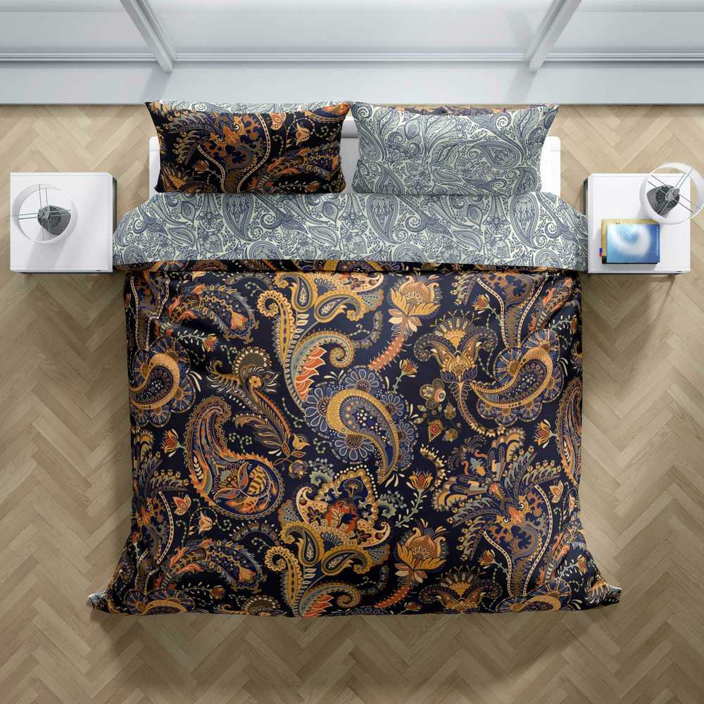 Medvilninio satino patalynės komplektas, 220x200 cm antklodės užvalkalas su paisley raštu, 2 pagalvių užvalkalai, baroko stilius, lengva priežiūra, miegamojo tekstilė