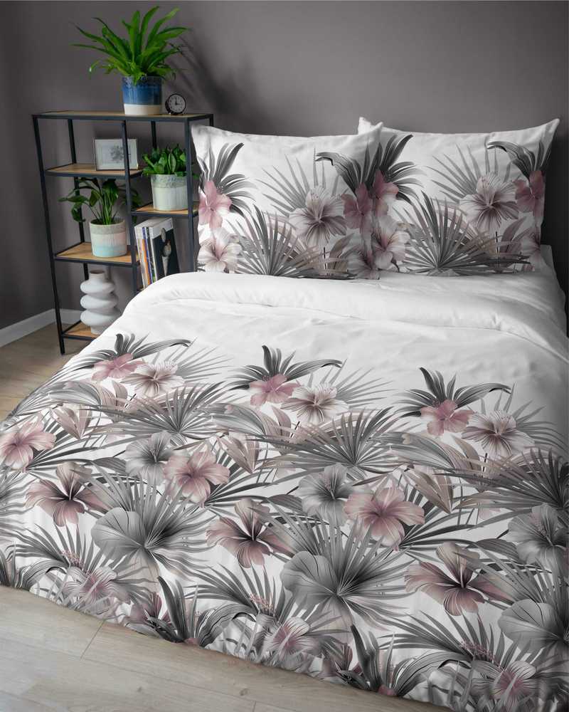 Atlasinės patalynės komplektas, 220x200 cm, baltas su palmės lapais ir rožiniais hibiskais, tropinio stiliaus, 100% medvilnės patalynė, minkštas ir lygus patalynės komplektas, miegamojo patalynė