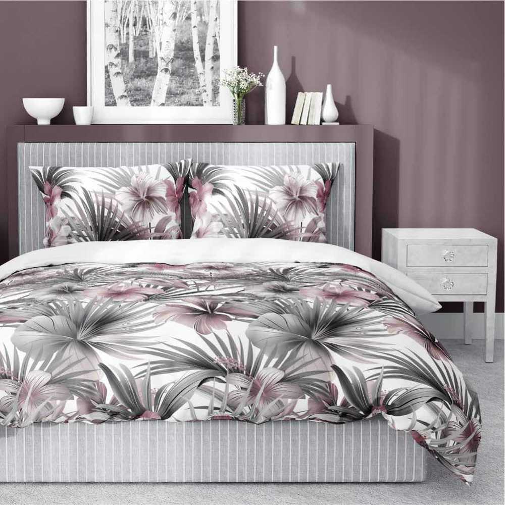 Atlasinės patalynės komplektas, 220x200 cm, baltas su palmės lapais ir rožiniais hibiskais, tropinio stiliaus, 100% medvilnės patalynė, minkštas ir lygus patalynės komplektas, miegamojo patalynė