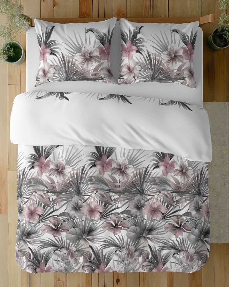 Atlasinės patalynės komplektas, 220x200 cm, baltas su palmės lapais ir rožiniais hibiskais, tropinio stiliaus, 100% medvilnės patalynė, minkštas ir lygus patalynės komplektas, miegamojo patalynė
