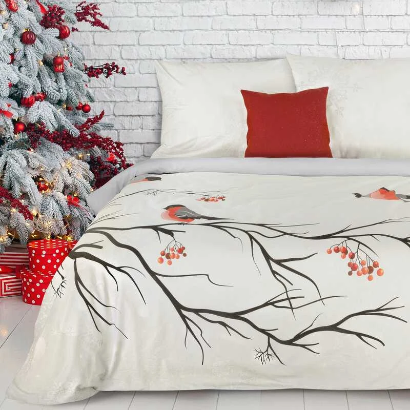 Eurofirany Kalėdinis patalynės komplektas 160x200 cm, medvilninis satinas, kreminė spalva su paukščių raštu, šventinis antklodės užvalkalas ir pagalvės, miegamojo tekstilė Patalynė