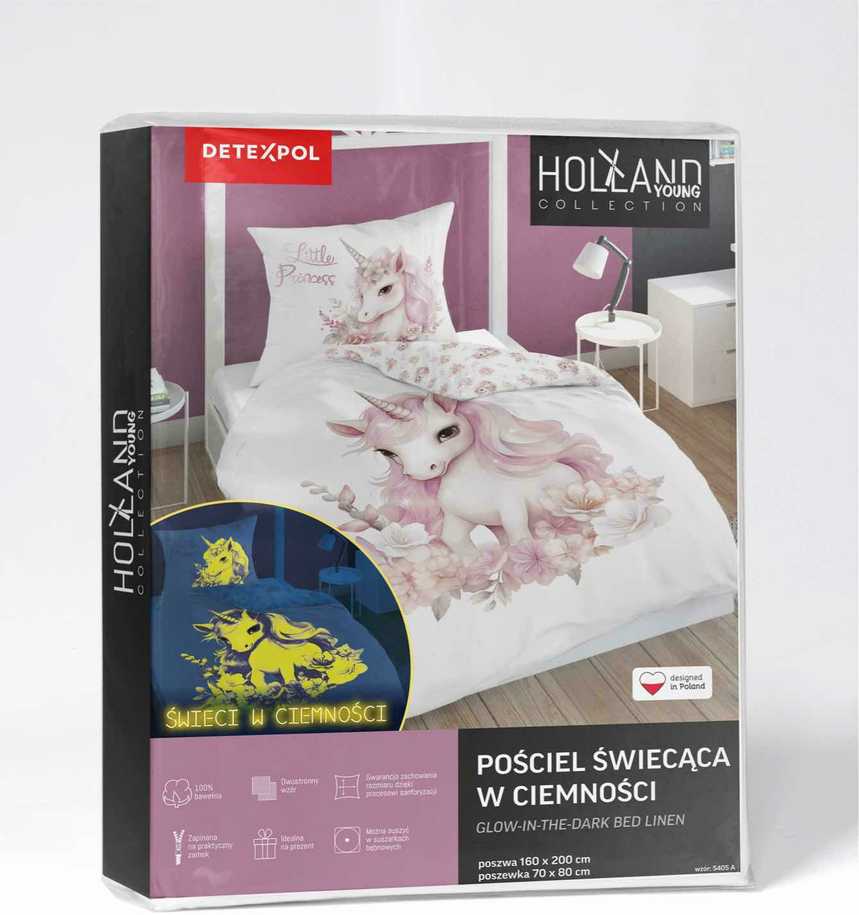 Detexpol Vaikiškos patalynės komplektas 140x200 su vienaragiu, šviečiantis tamsoje