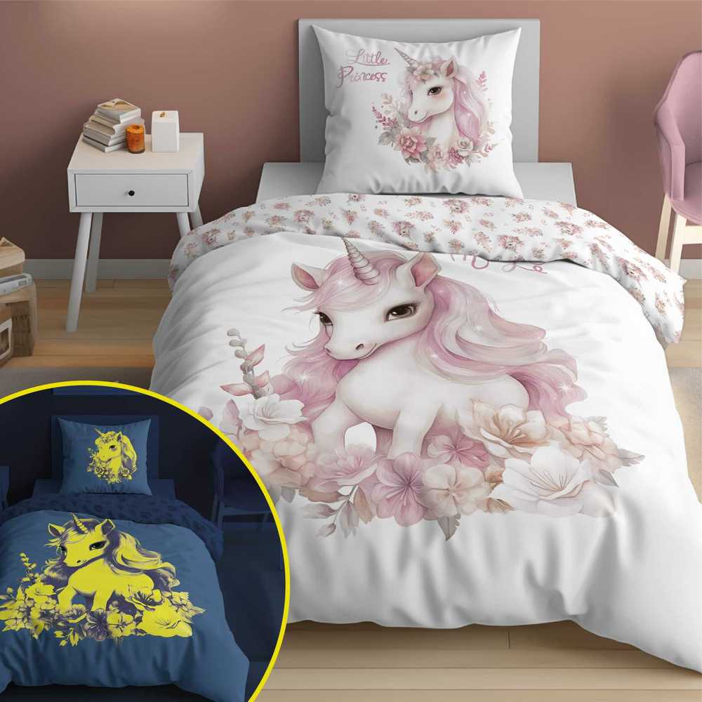 Detexpol Vaikiškos patalynės komplektas 140x200 su vienaragiu, šviečiantis tamsoje