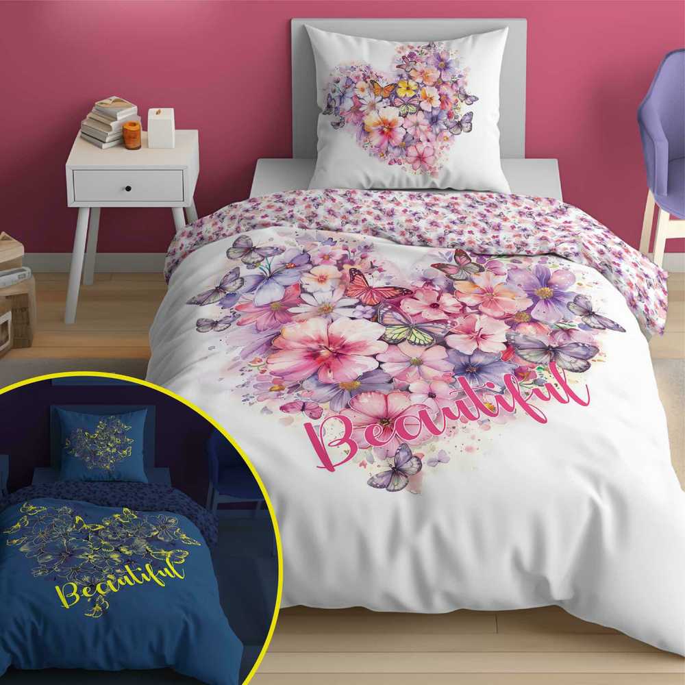 Detexpol Patalynė Švyti tamsoje 140 x 200 širdelė rožinėmis gėlėmis