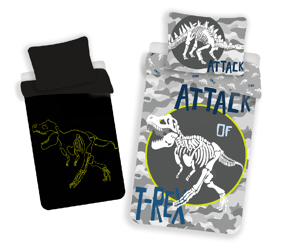 Patalynė świecąca w ciemności 140x200 Dinozaury T-Rex 7196 pilka bawełniana poszewka 70x90 młodzieżowa