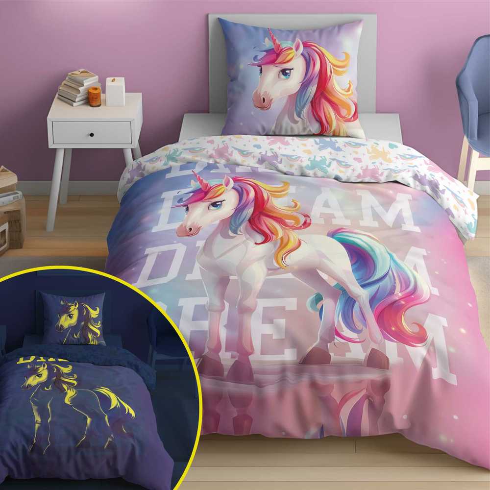 Detexpol GLOWING UNICORN PATALĖS UNICORN 140x200cm FLUO DREAM ROŽINĖ