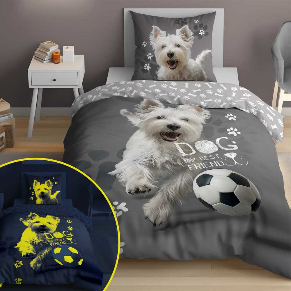 Patalynės komplektas Detexpol Patalynė dvipusė słodki piesek West Terier dog pies fluo 160X200 świecąc