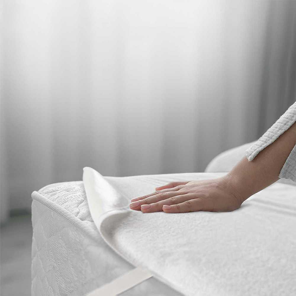 Čiužinio apsauga, vandeniui atsparus higieninis užvalkalas 200x220 cm lovai, baltas PVC laminuotas audinis, apsauga nuo nelaikymo, Oeko-Tex sertifikatas, neperšlampama paklodė