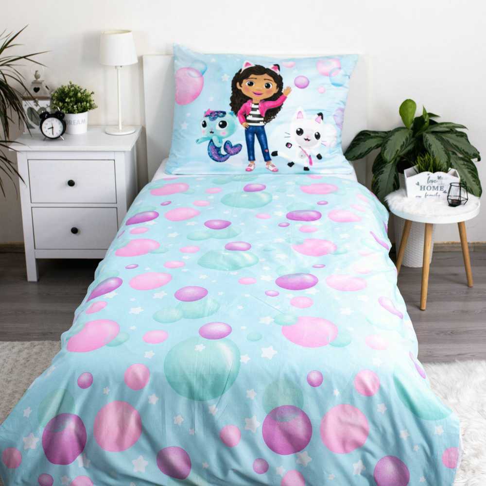 Posciel dziecięca 140x200 Koci domek Gabi mėlyna bąbelki poszewka 70x90 Gabby`