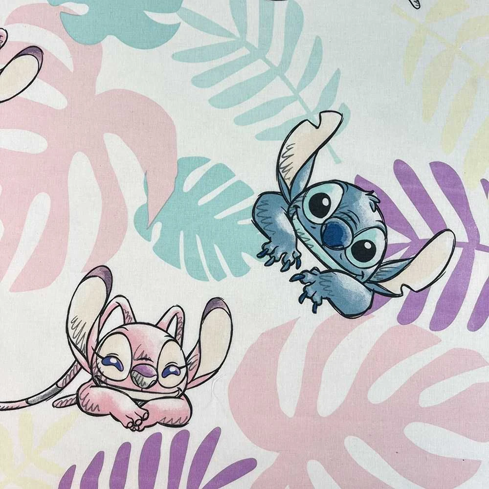 Prześcieradło bawełniane su gumką 90x200 Lilo I Stitch liście pastelowe kolorowe vaikams JF24