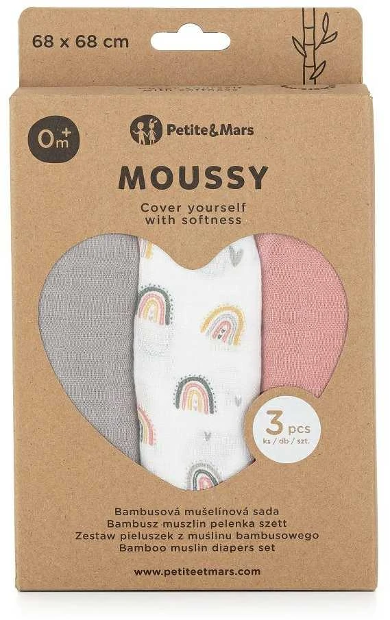 Petite&Mars Moussy - bambukinės sauskelnės, rinkinys iš 3 | Rožių vaivorykštės