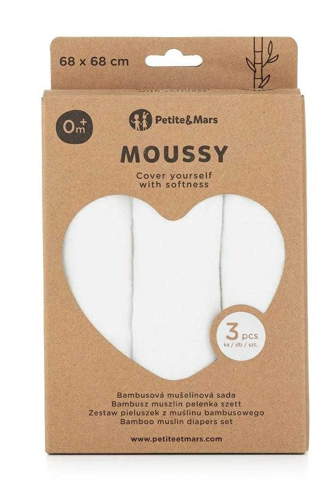 Petite&Mars Moussy - bambukinės sauskelnės, rinkinys iš 3 | Baltas