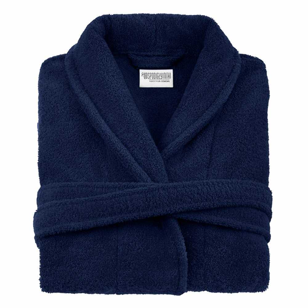 Unisex medvilninis frotinis chalatas, 450 g/m², ilgis iki kelių su kišenėmis, tamsiai mėlynas viešbučio stiliaus chalatas, vonios apranga