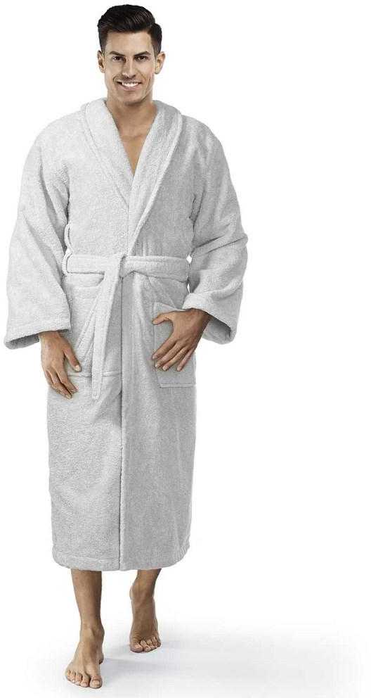 Medvilninis kilpinis chalatas, universalus XXL, iki kelių su kišenėmis, 450 g/m², pilkas viešbučio stiliaus chalatas, minkštas vonios drabužis