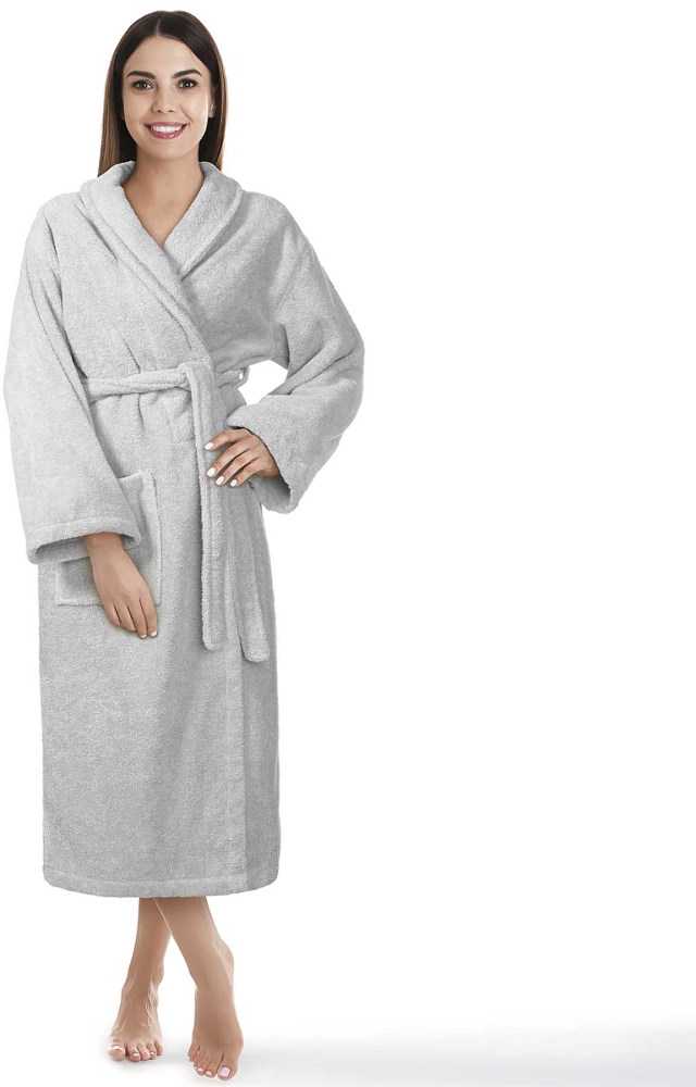 Medvilninis kilpinis chalatas, universalus XXL, iki kelių su kišenėmis, 450 g/m², pilkas viešbučio stiliaus chalatas, minkštas vonios drabužis