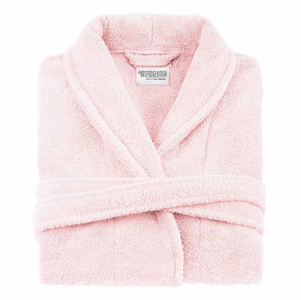 Medvilninis kilpinis chalatas, unisex viešbučio stiliaus, 450 g/m² tankis, ilgis iki kelių su kišenėmis, pudros rožinė XXL, minkštas chalatas namams