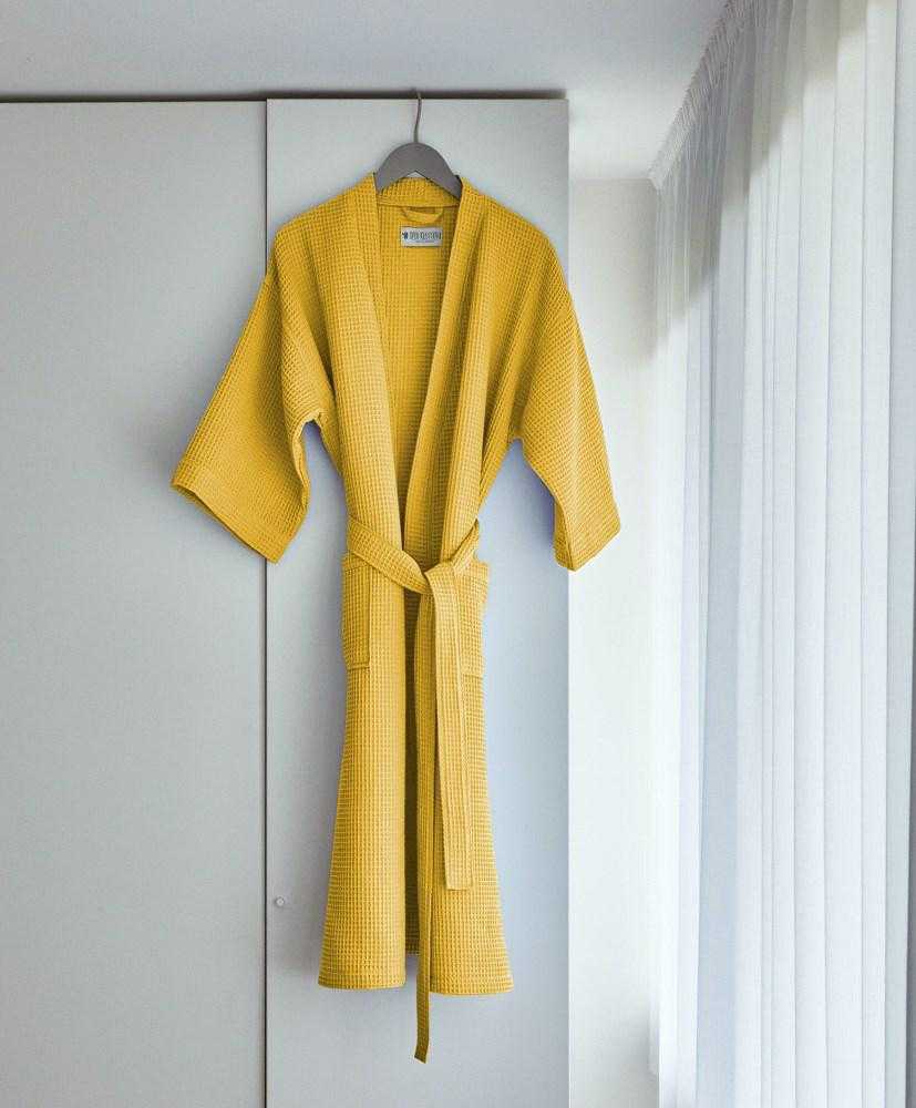 Vaflinis medvilninis chalatas, garstyčių spalvos, lengvas chalatas, SPA ir sveikatingumo chalatas, unisex medvilninis kimono, vonios chalatas