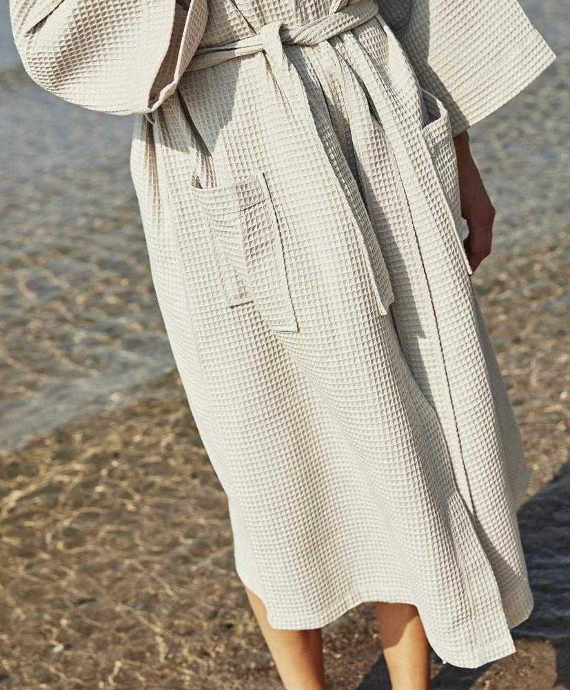 Vaflinis medvilninis chalatas, garstyčių spalvos, lengvas chalatas, SPA ir sveikatingumo chalatas, unisex medvilninis kimono, vonios chalatas