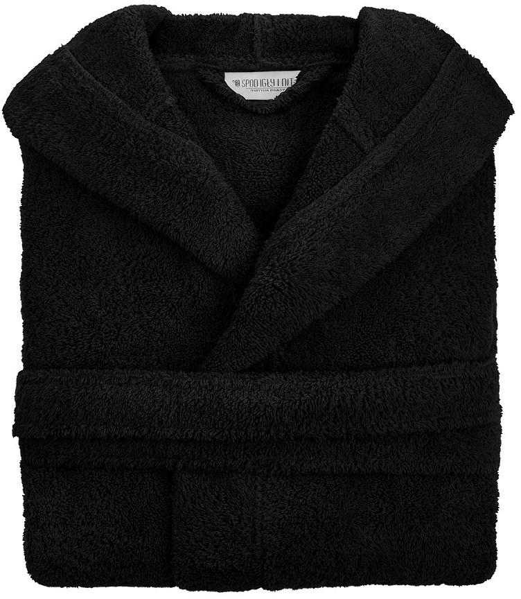 Medvilninis frotinis chalatas su gobtuvu, unisex viešbučio stiliaus, 450 g/m², iki kelių, juodas, su kišenėmis ir diržu, minkštas namų drabužis